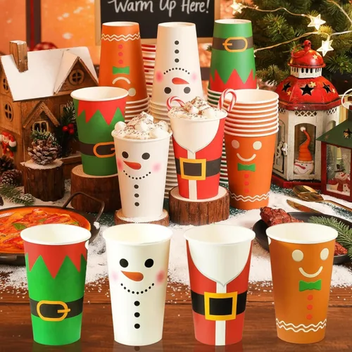 Gerrii 60 piezas de tazas de papel desechables de Navidad de 16 onzas para beber té, bebidas frías y calientes, tazas de Santa, muñeco de nieve,