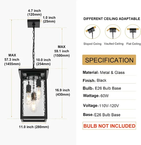 Miniatura 80 de TODOLUZ Lámpara Colgante de Exterior de 3 Luces Negra, Linterna Colgante Exterior Ajustable Luz de Porche