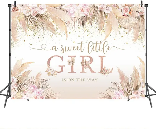 Miniatura 3 de Mocsicka Boho Hola Bebé Telón de Fondo Boho Chic Flores Rosas Baby Shower Fondo Una Dulce Pequeña Niña Está en Camino Decoraciones de Pastel