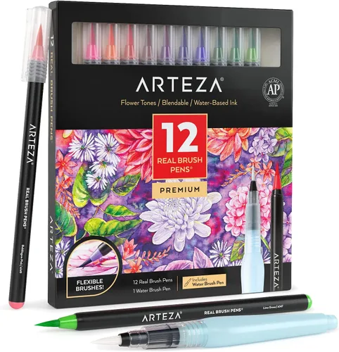 Miniatura 6 de ARTEZA Bolígrafos de pincel real, juego de 12, tonos brillantes, marcadores de acuarela mezclables y 1 cepillo de agua, suministros de arte
