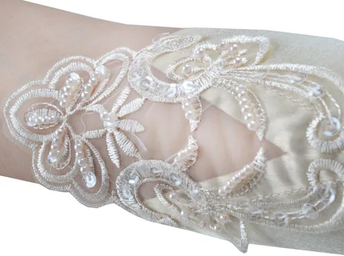 Miniatura 3 de JISEN Guantes de satén sin dedos de los años 20 para mujer, para banquete, fiesta, elegante, con encaje, bordados, para novia, 11 pulgadas