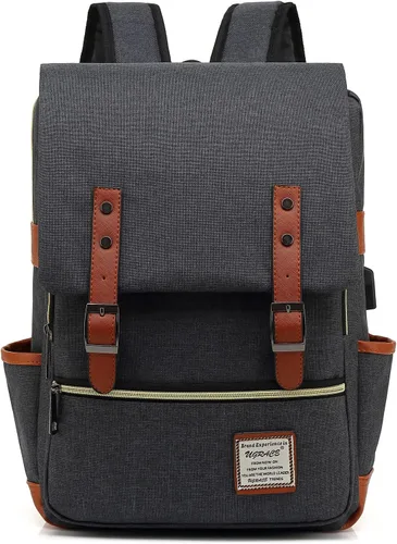 Miniatura 6 de UGRACE - Mochila vintage para portátil con puerto de carga USB, elegante mochila de viaje resistente al agua, mochilas casuales para hombres y Negro