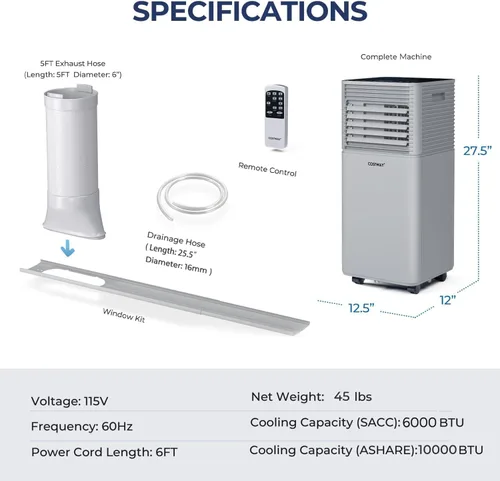 Miniatura 7 de COSTWAY Aire acondicionado portátil, espacios de 10000BTU de hasta 350 pies cuadrados, con control remoto, temporizador de 24 horas y kit de Gris