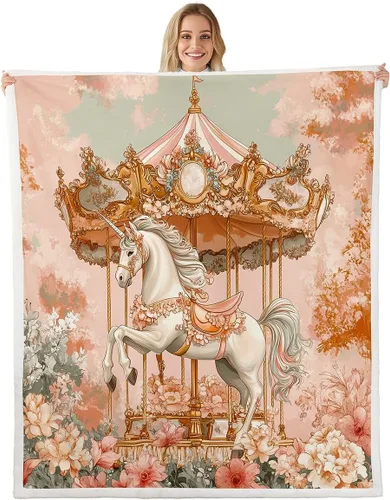 Miniatura 12 de Manta de franela de unicornio para todas las estaciones, manta romántica de carrusel de parque de atracciones, estilo princesa, diseño de cuento