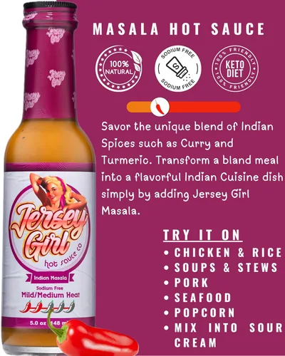 Miniatura 8 de Jersey Girl - Salsa picante de 5 onzas (paquete variado 3, picante, miel, masala india) Set de salsa picante baja en sodio