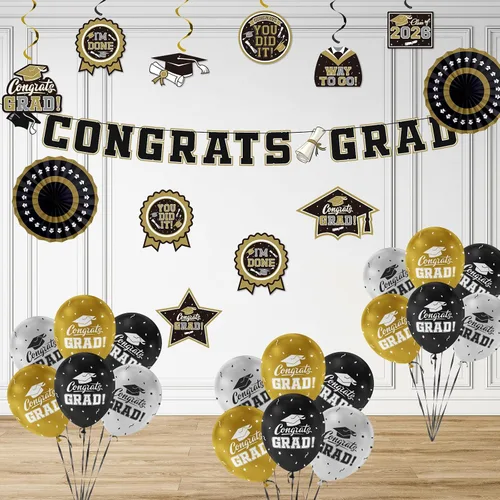 Miniatura 6 de Juego de decoraciones de graduación 2026 con temática negra y dorada, pancarta de felicitaciones, telón de fondo, globos y serpentinas, suministros