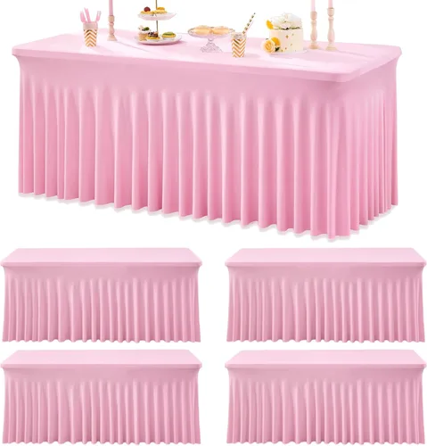 Miniatura 53 de Paquete de 2 manteles de spandex para mesas rectangulares de 8 pies, mantel elástico rosa de 8 pies, manteles ajustados, falda de mesa para fiestas