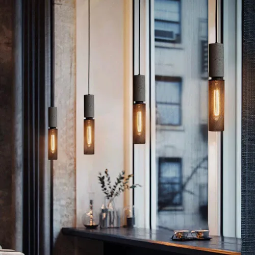 Lámpara colgante de hormigón con pantalla de jaula de hierro, luz de suspensión de malla metálica retro, lámpara colgante de cemento para cocina,