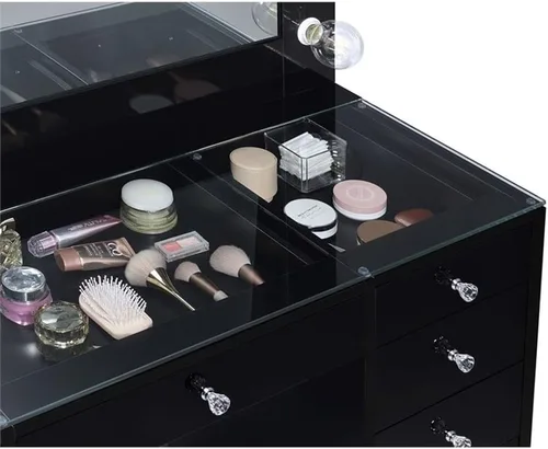 Miniatura 5 de MAKLAINE Juego de tocador de 7 cajones con espejo iluminado, parte superior de madera y vidrio, acabado negro de alto brillo, tocador contemporáneo