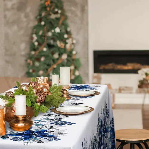 Miniatura 7 de Peryiter Mantel de Navidad Azul y Blanco de 60 x 84 Pulgadas Mantel de Navidad de Poinsettia Azul Decoraciones de Invierno Reutilizable Mantel