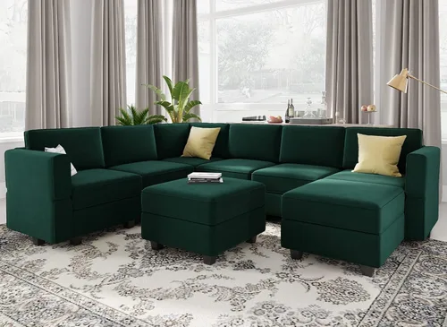 Miniatura 12 de Belffin Sofá modular en forma de U con tumbonas reversibles, de terciopelo, con asiento de almacenamiento, color negro