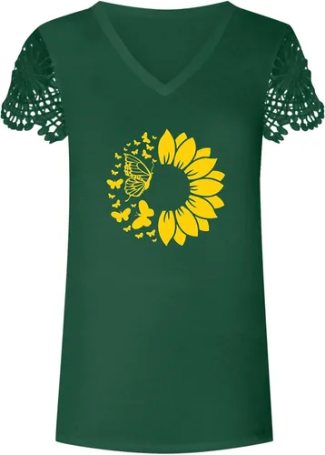 Miniatura 4 de Women V Neck Short Sleeve T Shirt Top Casual Slim Fit Summer Outer Wear Sunflower Print Women Tees & Blouses Daily Tunic Tops