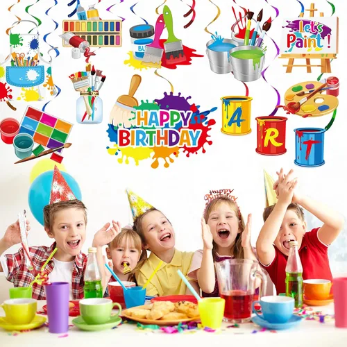 Miniatura 6 de 46 piezas de decoración de fiesta de pintura artística, decoración de techo de remolinos colgantes de cumpleaños para niños, niñas, niños, pintura