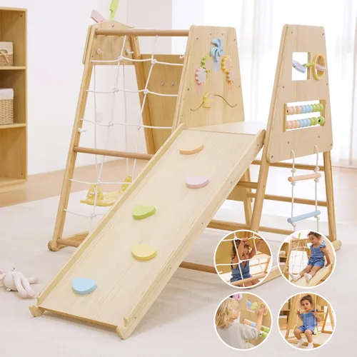 Miniatura 2 de Avenlur Cherry - Escalador de madera 5 en 1 para interiores, gimnasio Montessori para niños pequeños con tobogán, pared de roca, escalera de cuerda