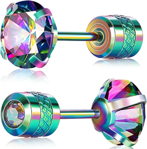 VOLUKA Aretes tipo dormilona de acero inoxidable con circonita cúbica para mujeres y hombres, hipoalergénico de acero quirúrgico 316L, titanio