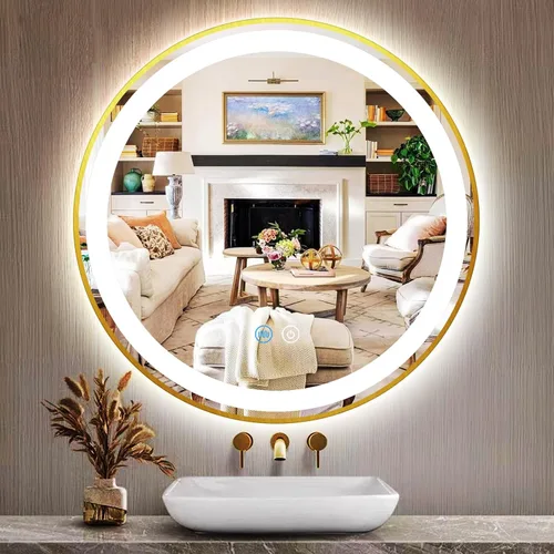 Espejo de tocador redondo dorado con luces, luz frontal regulable de 3 colores, marco dorado de 16 pulgadas, espejo redondo iluminado para baño,