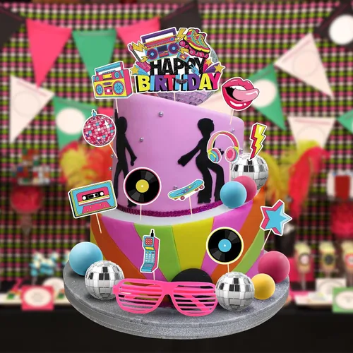 Miniatura 3 de Hooqict 26 piezas de decoraciones de pasteles de los años 80 y 90, decoraciones retro de los años 80 de hip hop con bolas de purpurina para cupcakes