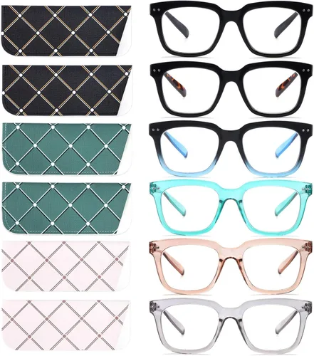 Miniatura 10 de Paquete de 6 lentes de lectura de moda para mujeres y hombres, bloqueo de luz azul, lectores cuadrados de gran tamaño con bisagra de resorte Paquete