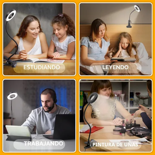 Miniatura 3 de Foneso Lámpara de escritorio con clip, luz de 48 LED, USB, con 3 modos de color, 10 niveles de brillo, protección ocular, cuello de ganso flexible