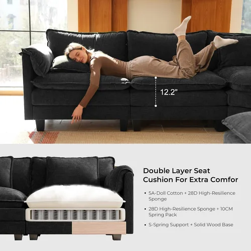 Miniatura 5 de ELUCHANG Sofá modular de gran tamaño de 79 pulgadas, cómodo sofá en forma de nube para sala de estar, sofá en forma de L con otomana, sofá de Negro