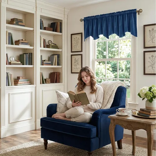 Miniatura 3 de StangH Cortinas decorativas de lujo, cenefa azul con bloqueo de luz, cenefa festoneada para ventana pequeña con bolsillo sólido para barra, cortina