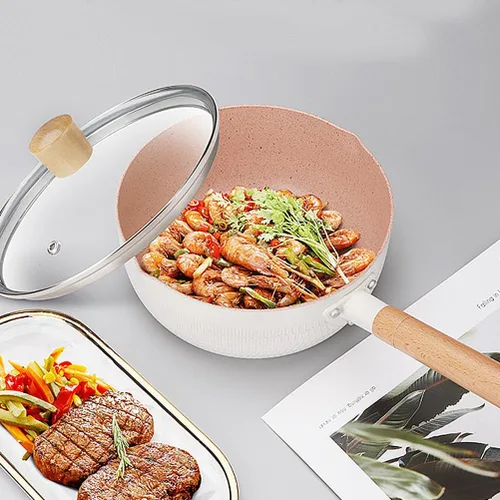 Miniatura 8 de Hemoton Sartén antiadherente para leche de 1.5 L, práctica olla con mango de madera, versátil olla pequeña para sopas, salsas y leche caliente, olla
