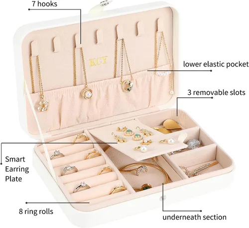 Miniatura 2 de KCY Joyero para mujeres y niñas, pequeño estuche organizador de joyas de viaje, cajas de almacenamiento de joyas portátiles de piel sintética