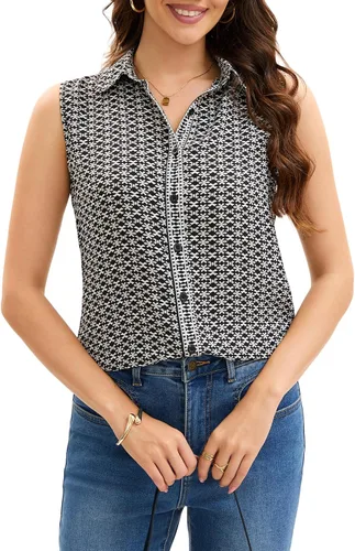 Miniatura 11 de JTD Camisas sin mangas con botones para mujer, tops casuales con cuello, camiseta sin mangas con cuello en V, blusas de verano para trabajo