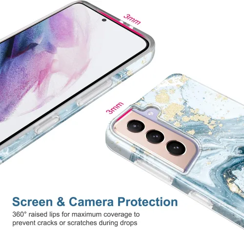 Miniatura 4 de Galaxy S21 - Funda para Samsung Galaxy S21 5G de 6.2 pulgadas 2021, diseño de mármol con purpurina dorada, delgada, a prueba de golpes, de goma Azul