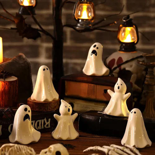 Miniatura 2 de Domensi 6 piezas de figuras blancas de cerámica de fantasma, estatua de fantasma, decoración espeluznante de Halloween, decoración de estatua