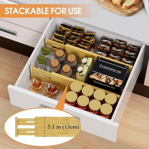 Miniatura 5 de Separadores de cajones de bambú, organizador de cajones de cocina ajustable de 17 a 22 pulgadas para ropa, paquete de 4 separadores de organización