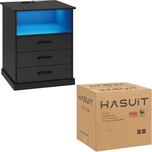 Miniatura 5 de Hasuit Mesita de noche con estación de carga y luces LED, mesita de noche grande con 3 cajones de almacenamiento, mesita de noche negra
