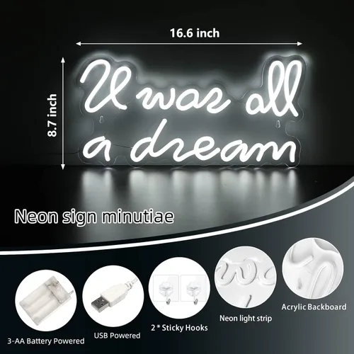 Miniatura 7 de ATOLS Letrero de neón con texto en inglés «It Was All a Dream» para decoración de pared, funciona con pilas o USB, con texto en inglés «It Was All a