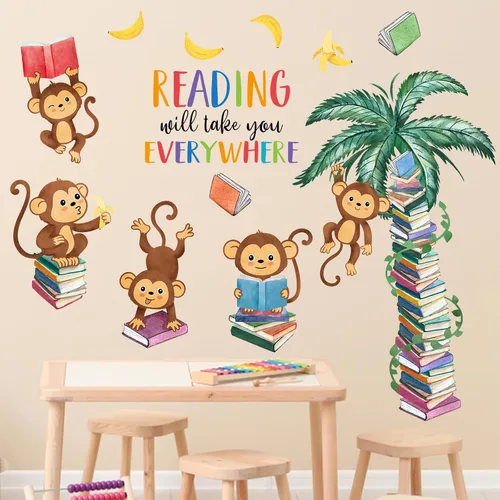 Miniatura 3 de Mfault Calcomanías de pared de libro de lectura de mono, la lectura te llevará a todas partes, decoración de aula de guardería, arte de dormitorio