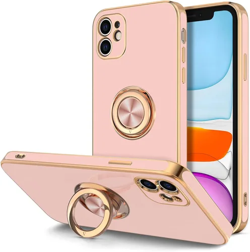 Miniatura 13 de Hython Funda para iPhone 11 con soporte de anillo [soporte de anillo giratorio de 360° con soporte magnético] [borde de oro rosa chapado en brillo]