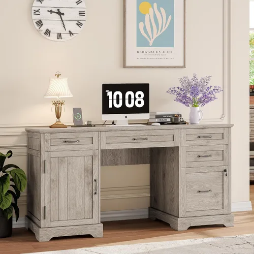 Miniatura 3 de Alohappy Escritorio ejecutivo de granja de 55 pulgadas, escritorio de oficina en casa con cajones, escritorio de madera para computadora