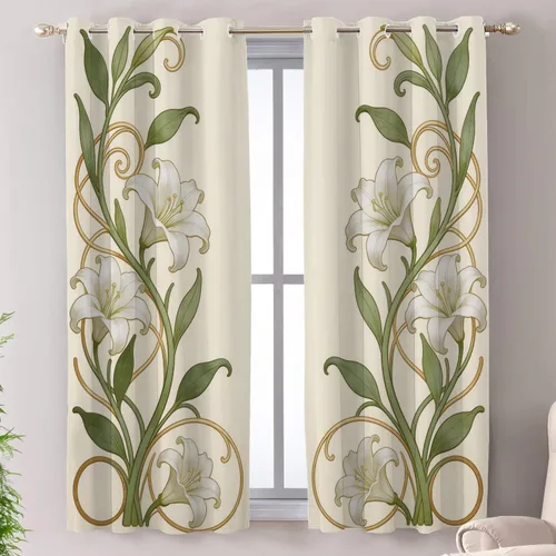 Miniatura 32 de Shrahala Art Nouveau Floral Pattern Blackout Curtain Tiers, Delicate Vine and Flower Design Kitchen Valance Light Blocking Tier Drapes with Rod