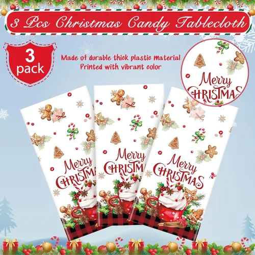 Miniatura 4 de 3 piezas de manteles de fiesta Feliz Navidad a cuadros de búfalo de pan de jengibre, cubierta de mesa rectangular de plástico rojo y negro a cuadros
