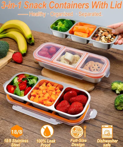 Miniatura 2 de KTKUDY - Recipiente de acero inoxidable para niños y adultos, grande, a prueba de fugas, 3 compartimentos, apilable, para guardería, escuela