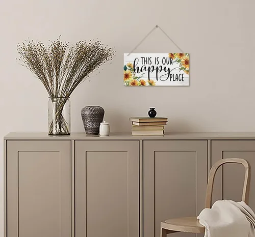 Miniatura 4 de Letrero decorativo de madera con temática de girasol, «This Is Our Happy Place», decoración de placa de madera impresa para colgar, letrero rústico