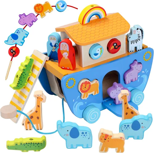 Tooysea - Arca de Noé de madera con clasificador de formas de animales, regalos de bautismo para niños de 1, 2, 3, 4 años, juguetes Montessori para