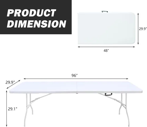 Miniatura 3 de Mesa plegable portátil de plástico de 4 pies/6 pies/8 pies, mesa de picnic y comedor de alta resistencia, color blanco y negro, plegable a la mitad