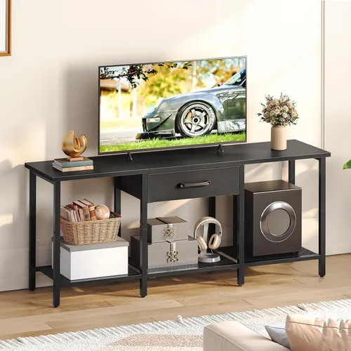 Miniatura 3 de HOOBRO Soporte de TV para televisores de hasta 55 pulgadas, centro de entretenimiento con cajón de tela y estantes abiertos, mesa consola industrial