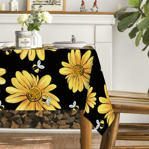 Miniatura 4 de Horaldaily Mantel de verano de 52 x 70 pulgadas, diseño de girasol amarillo, abejorro, negro, otoño, lavable, para fiesta, picnic, decoración de cena