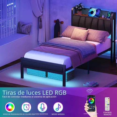 Miniatura 5 de Furnulem Base de cama individual con luz LED y estación de carga, cabecera de almacenamiento tapizada gris con estante, cama de plataforma de metal