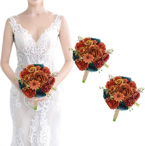 Miniatura 18 de Ramos de dama de honor para boda, juego de 6 ramos de flores artificiales para decoración de otoño, boda, propuesta de matrimonio, fiesta, Naranja