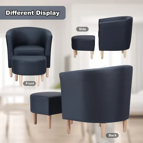 Miniatura 7 de DAZONE - Silla de cuero, silla decorativa de estilo moderno de mediados de siglo con otomano, barril falso, sillón cómodo tapizado con brazos Azul
