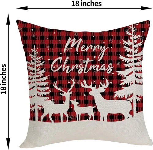 Miniatura 2 de Fundas de almohada navideñas de 18x18 pulgadas, paquete de 2, cuadros búfalo rojo y negro con ciervo, fundas de almohada decorativas, decoración