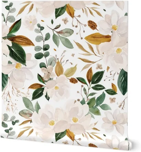 Spoonflower Papel tapiz para despegar y pegar - Papel pintado extraíble personalizado con flores de magnolias florales doradas