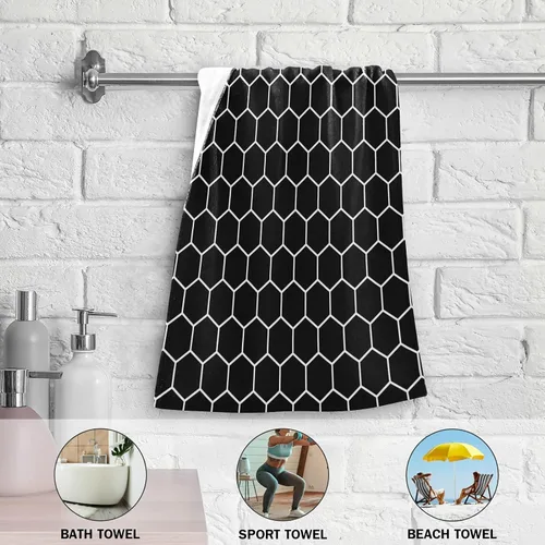 Miniatura 5 de Juego de 2 toallas faciales de poliéster suave y absorbente para baño, diseño de panal de abeja, hexagonal, negro y blanco, para peluquería